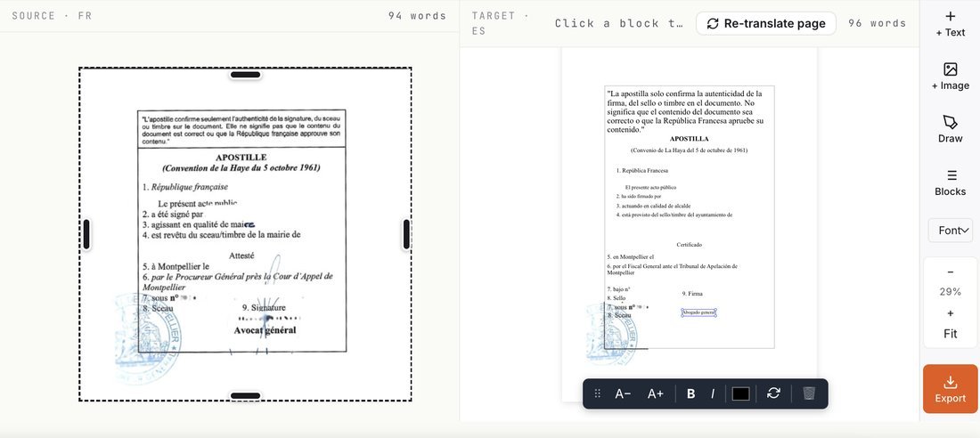 Editable layout mode — click any text block to edit